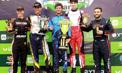 Soares (4º), Miguel (2º), Fiore (1º), Cruz (3º) e Perez no pódio da F4 Graduados (Genésio da Silva)