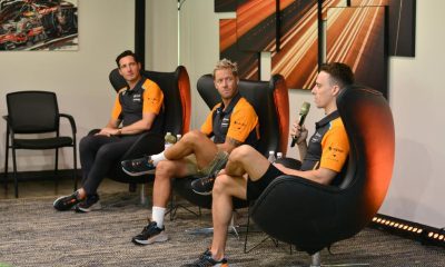 Ian James, Sam Bird e Jake Hughes durante a coletiva na McLaren São Paulo (Fernanda Freixosa/McLaren São Paulo)