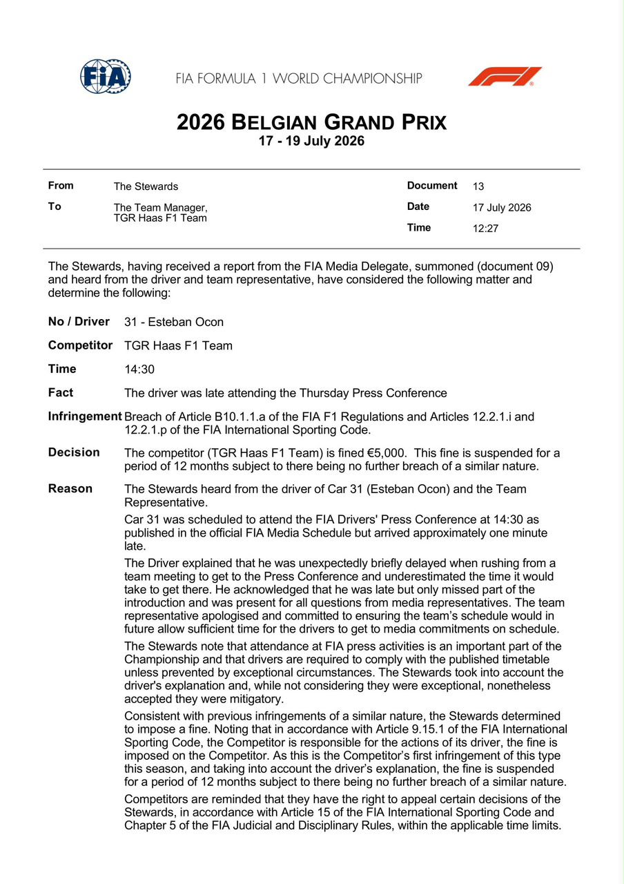 Créditos: Documento Oficial da FIA / Comissários da F1